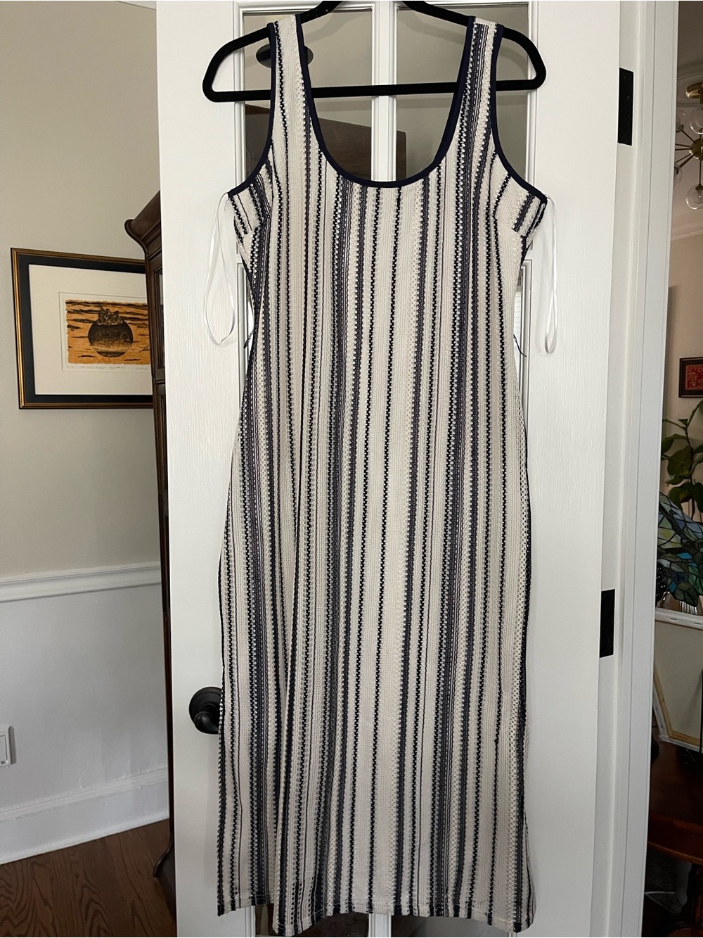 NWT Sam Edelman Cream and Navy crochet Sleeveless Striped Maxi Dress Size Large